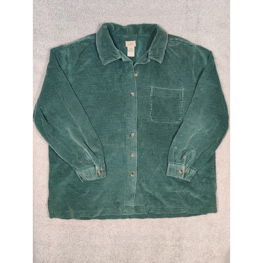 LL Bean Wide Whale Corduroy Shirt Women's Button Up Shacket Green Size XL Pocket